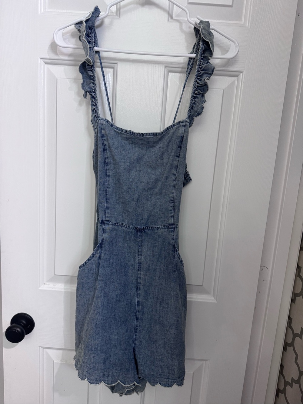 Denim Ruffle Strap One-Piece Romper - Blue size medium